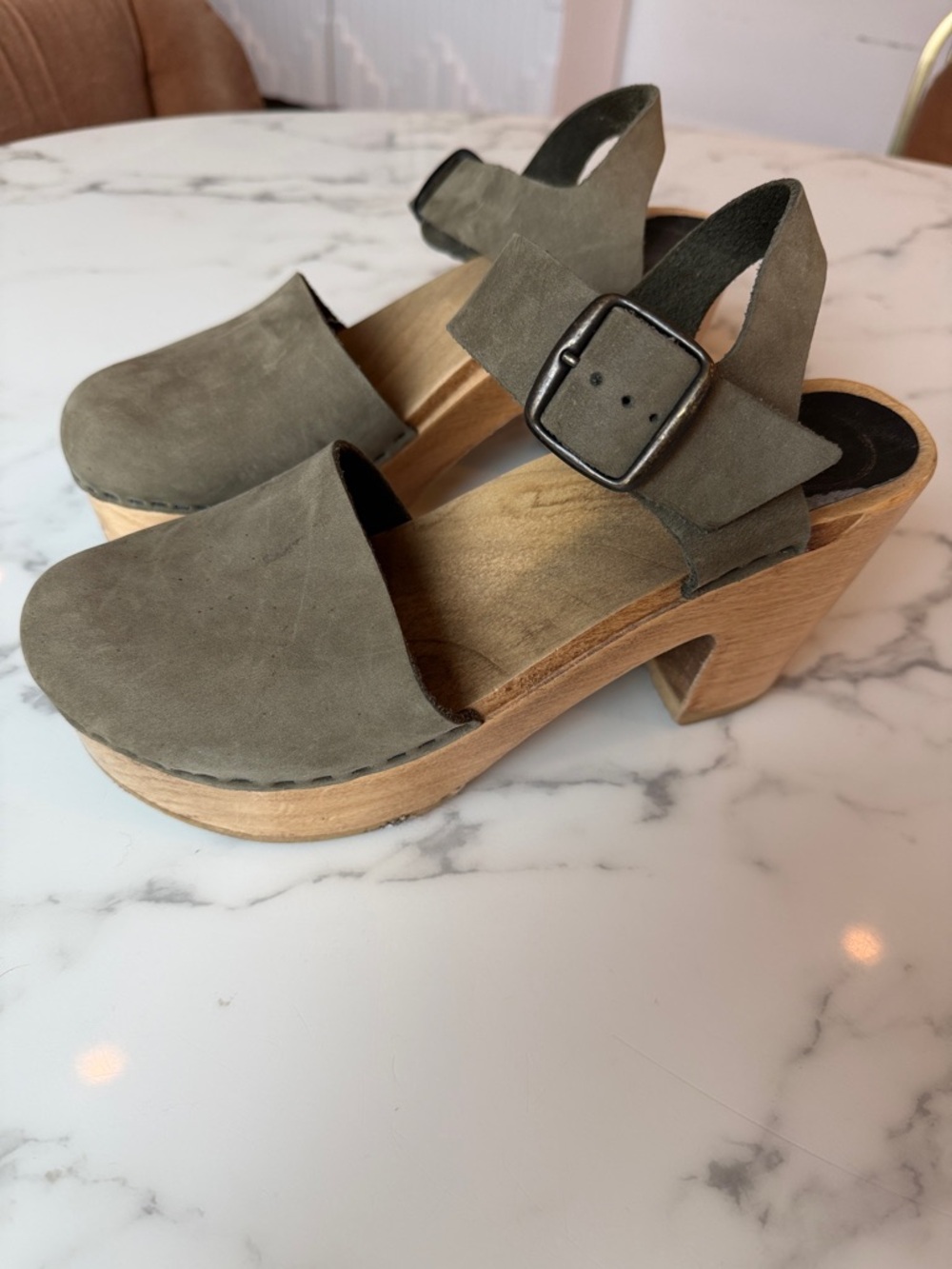 No. 6 Olive Green Suede Buckle Clog Sandals 39